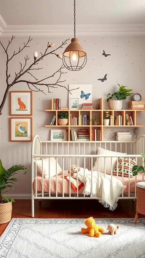 A nursery designed with a storybook adventure theme, featuring a crib, bookshelves, and whimsical decor.