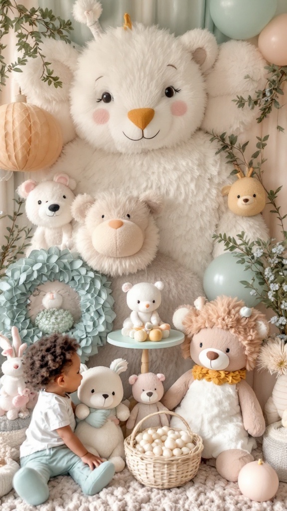 A decorated table for a baby shower featuring plush toys, a cake, and balloons.
