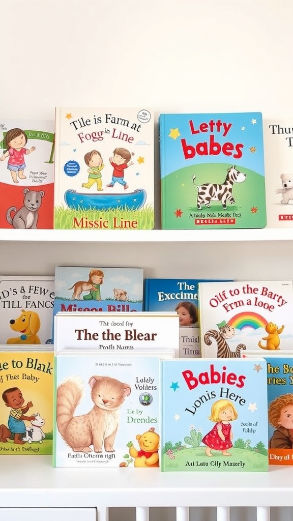 A collection of colorful storybooks for children on a shelf.