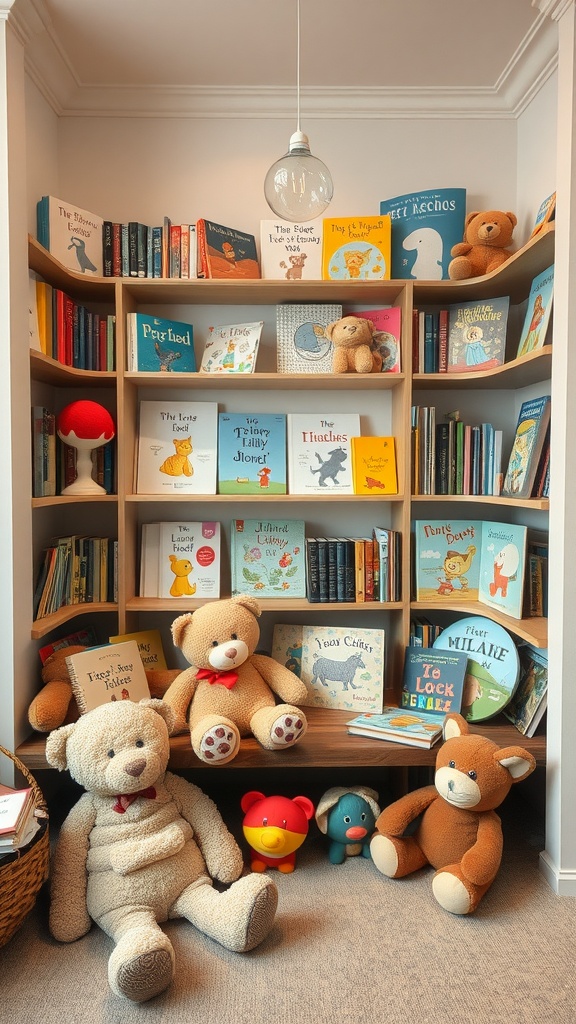 A cozy storybook corner featuring infant-friendly books and stuffed animals.