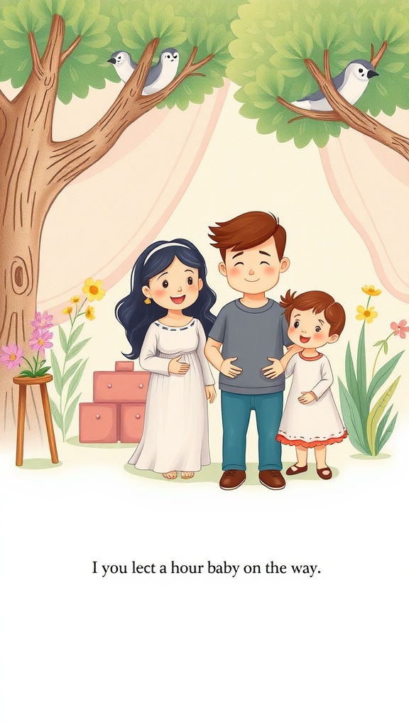 A family illustration announcing a baby on the way, featuring a couple and their child surrounded by nature.