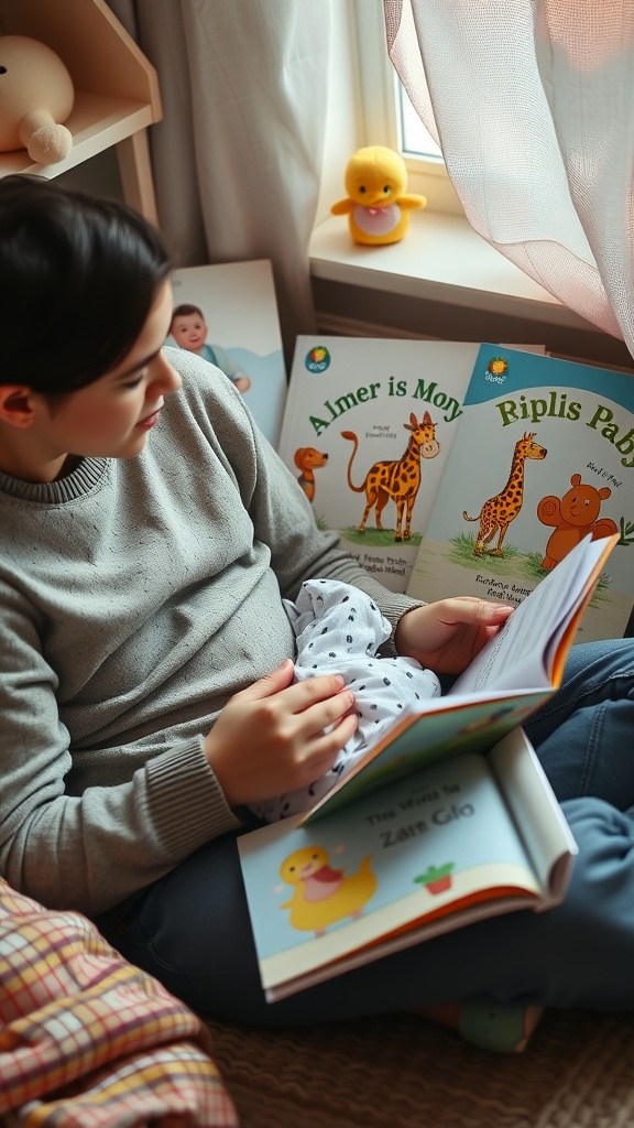 A parent reading storybooks to their two-month-old baby in a cozy setting.