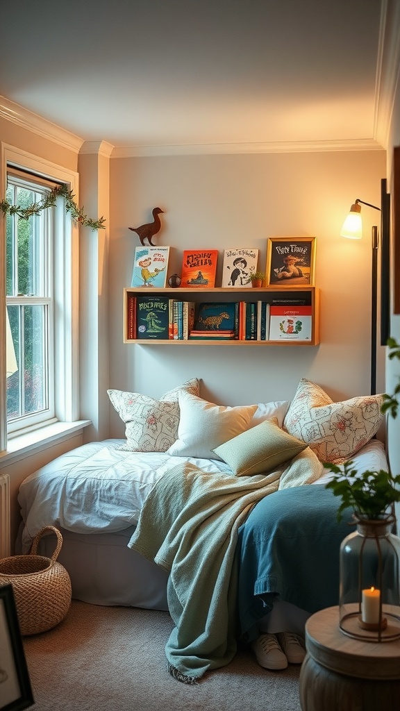 Cozy reading nook in a child's bedroom with books on a shelf, soft pillows, and a warm blanket.