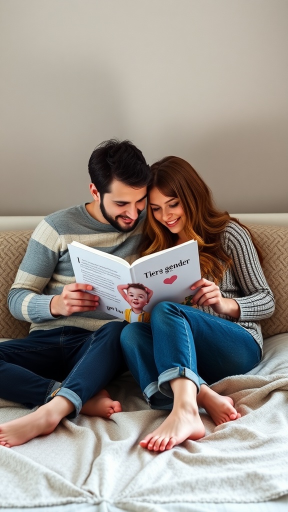 Couple reading a personalized gender reveal storybook together on a couch.