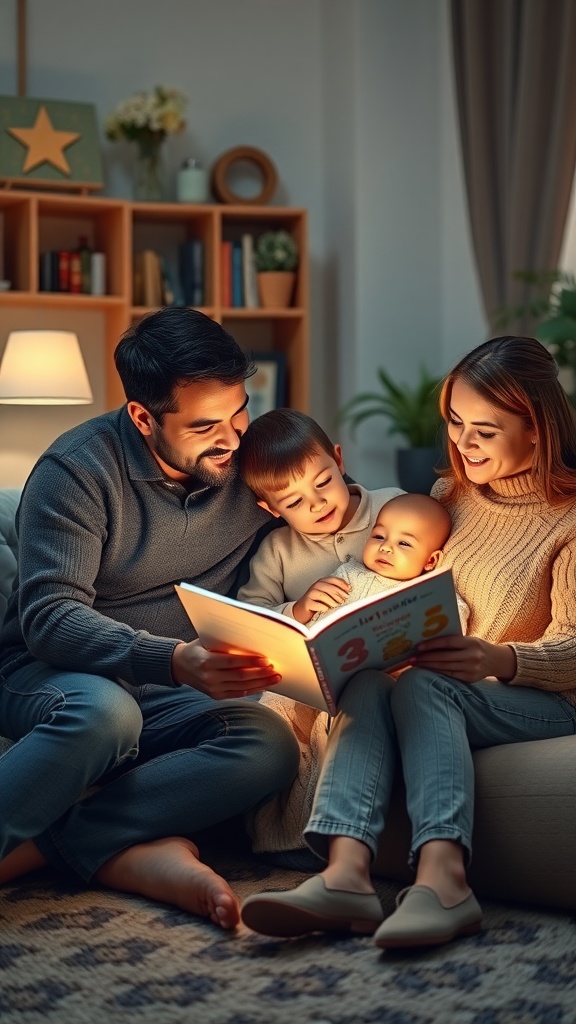 A family of four reading a book together, with the focus on a story that reveals the news of a new baby.