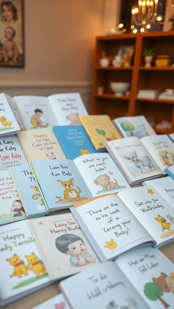 A collection of colorful baby storybooks displayed at a baby shower.