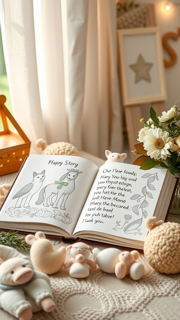 Open storybook with animal illustrations and heartfelt messages, surrounded by soft toys and flowers.