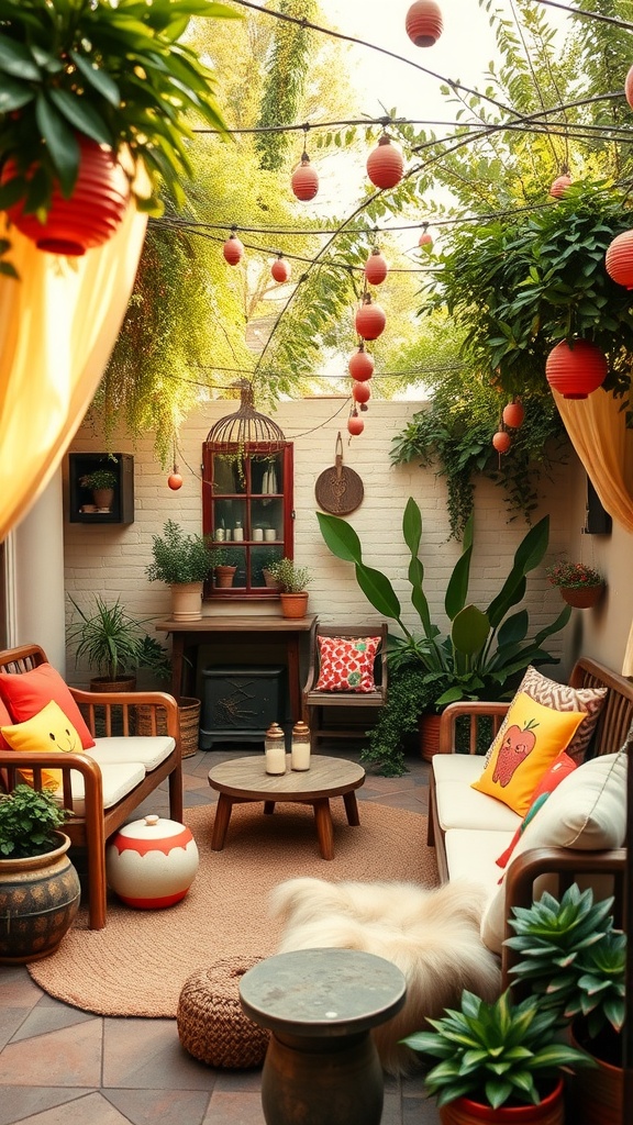 Cozy outdoor storytelling nook with seating, plants, and decorative lanterns.