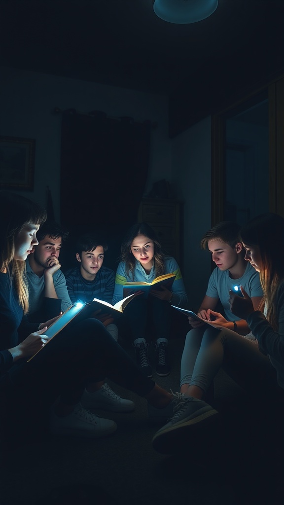 A group of friends sitting in a dimly lit room, using flashlights to read books and share stories during a sleepover.