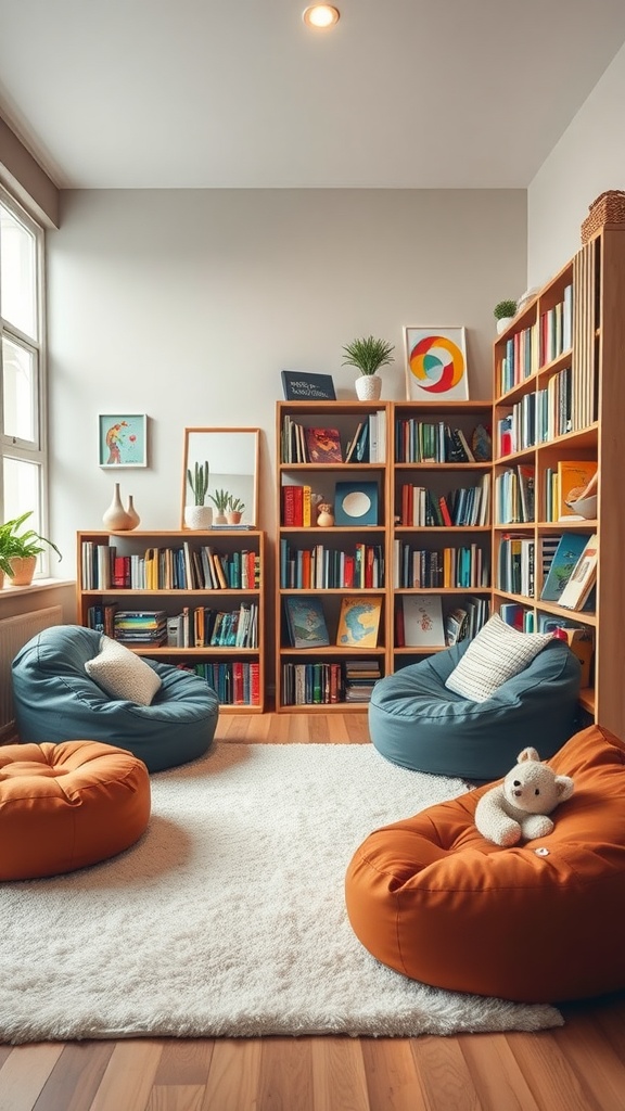 Cozy storytime corner with bean bags and a bookshelf filled with nursery books
