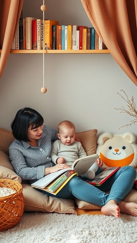 A mother and her four-month-old baby reading books together on a cozy floor cushion, surrounded by books and soft decor.
