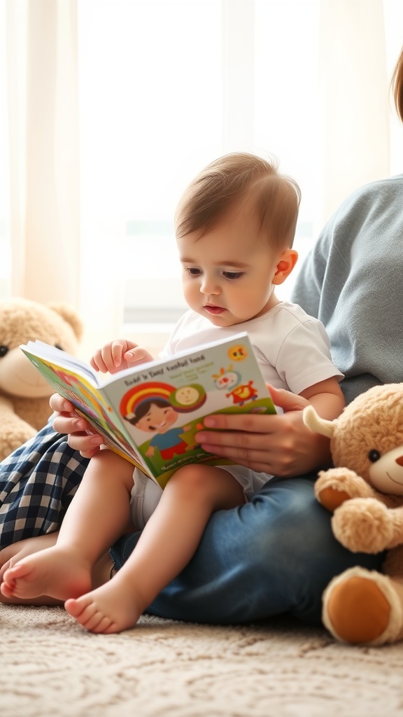 A baby reading a colorful book in a cozy setting with a parent and stuffed animals.