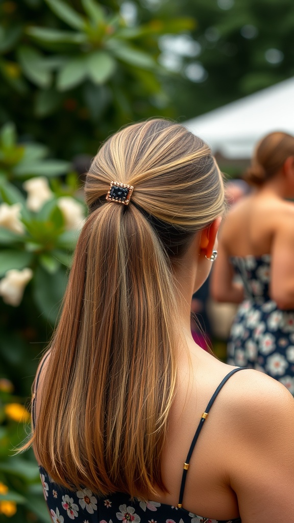 A young woman with straight hair styled in a backward clip, showcasing a polished look.
