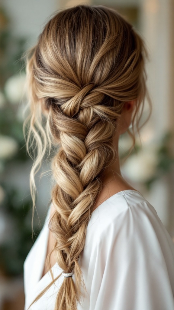 A fishtail braid accent on straight hair, showcasing a stylish hairstyle.