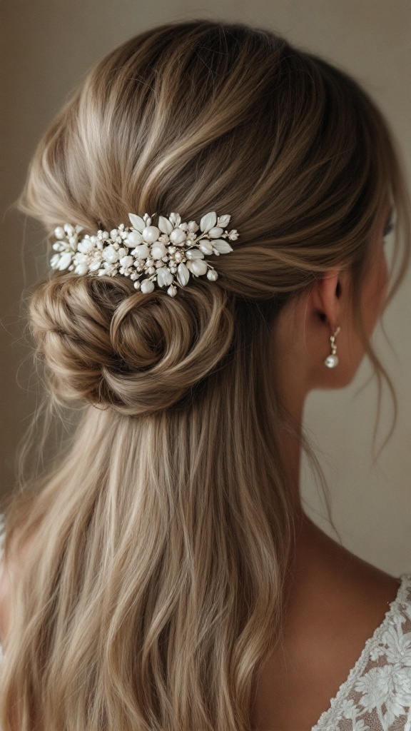 Bridesmaid hairstyle featuring straight hair styled with a vintage barrette.