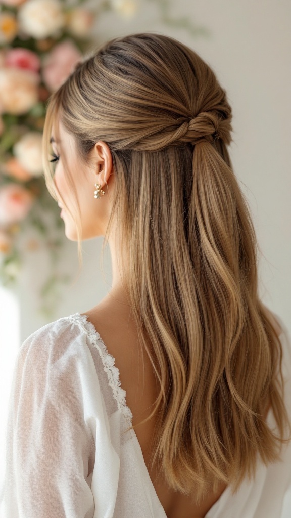 Bridesmaid hairstyle featuring straight hair with an asymmetrical cut, styled half-up with a twist.