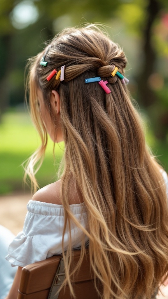 Little girl with straight hair decorated with colorful clips.