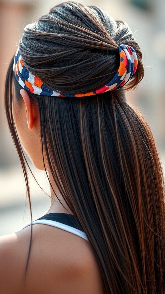 A woman with straight hair styled with a colorful sport headband, showcasing a casual and sporty hairstyle.