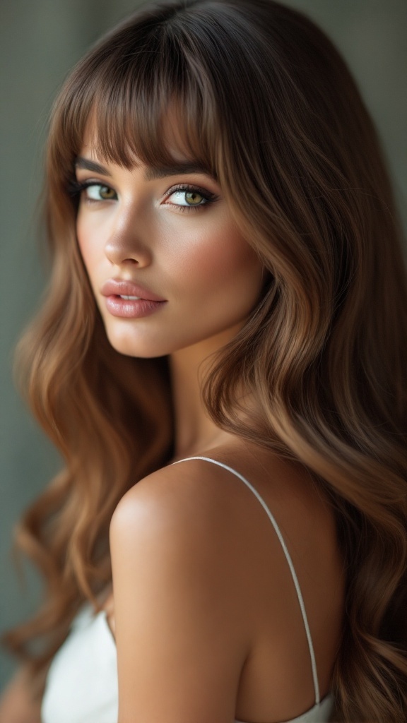 A woman with long, straight hair and bangs, showcasing a modern bridesmaid hairstyle.