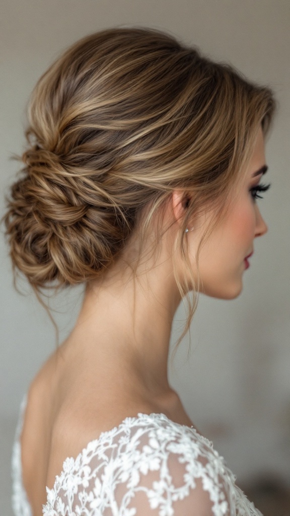 A young woman with straight hair styled in a soft volume updo, wearing an elegant outfit.
