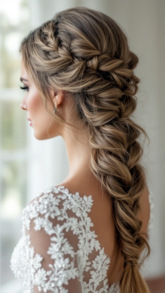 A side view of a woman with straight hair styled in a twisted side braid, wearing a detailed lace dress.