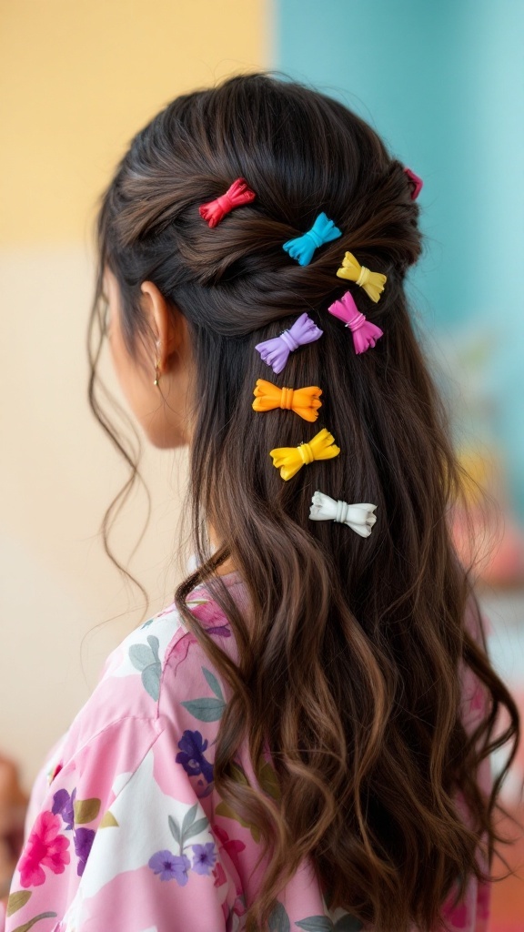 A woman with straight half-up hair decorated with colorful bow-shaped clips.