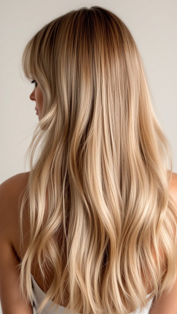 A woman with long blonde hair and a curtain fringe, viewed from the back.