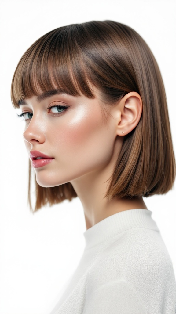 A woman with a straight medium-length haircut and geometric bangs, showcasing a modern hairstyle.
