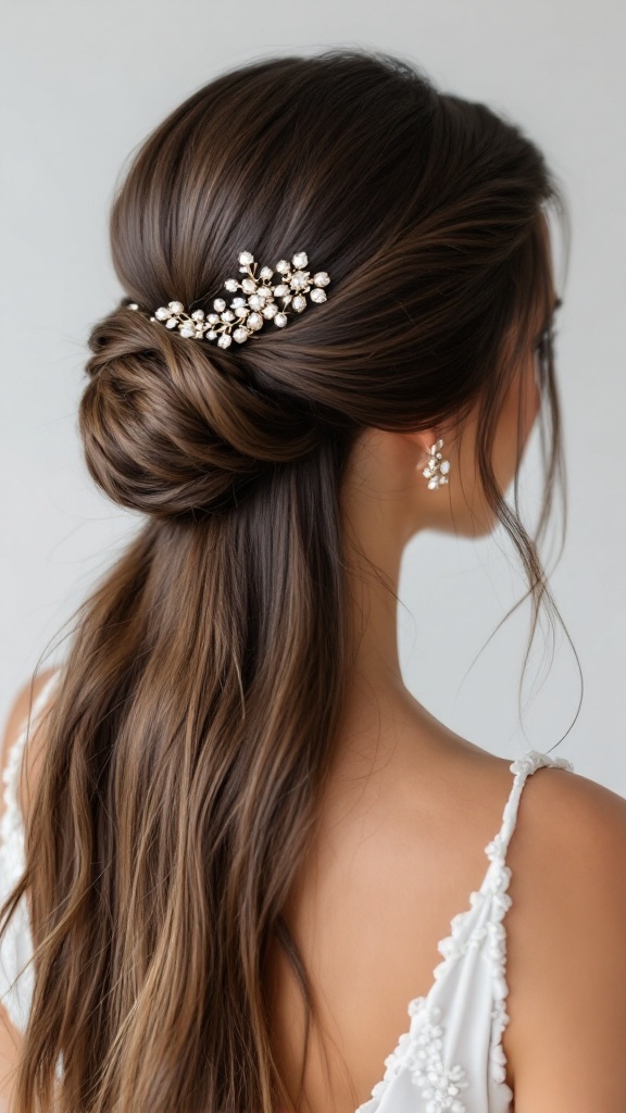 A woman with straight hair styled in a sleek updo, adorned with a decorative hair accessory.