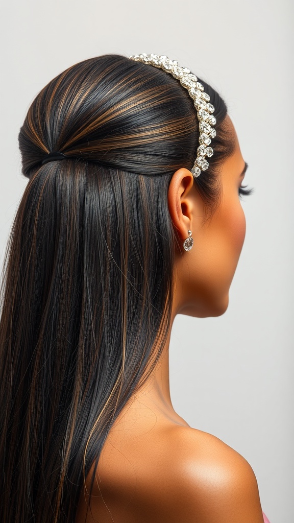 A woman with straightened hair wearing a sparkly headband