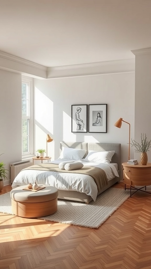 Cozy small bedroom with a bed, round ottoman, and plants, featuring strategic furniture placement.