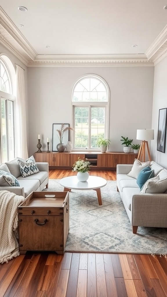 Cozy living room with two sofas, a round coffee table, and wooden accents