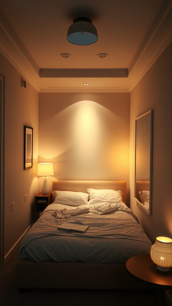 Cozy narrow bedroom with layered lighting, featuring a ceiling light, bedside lamp, and wall-mounted fixtures.