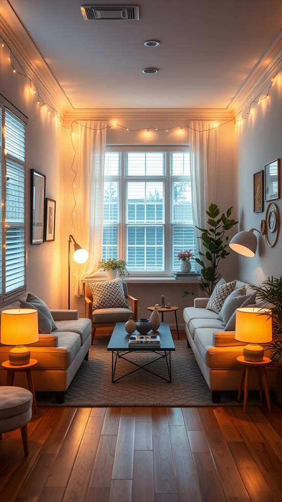 A cozy tiny living room with warm lighting, string lights, and plants.