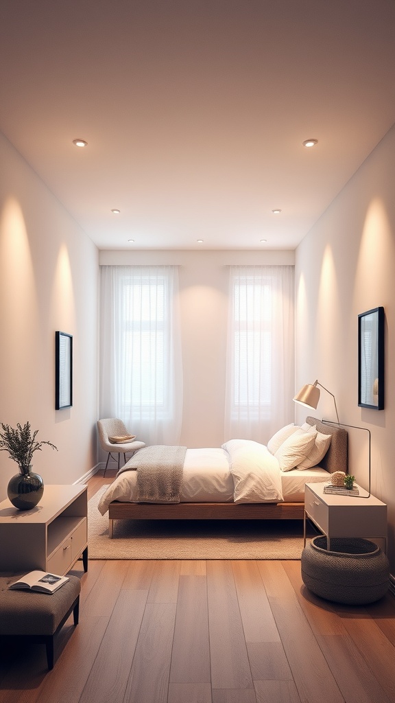 A well-lit narrow bedroom with recessed ceiling lights, sheer curtains, and a cozy atmosphere.