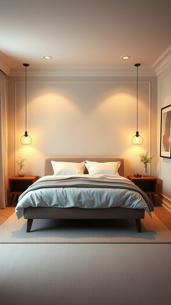 A small bedroom featuring a king bed, warm pendant lights, and a cozy atmosphere.
