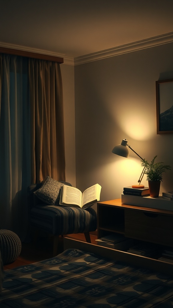 A cozy reading nook with a comfortable chair, an open book, a lamp, and some decorative elements.