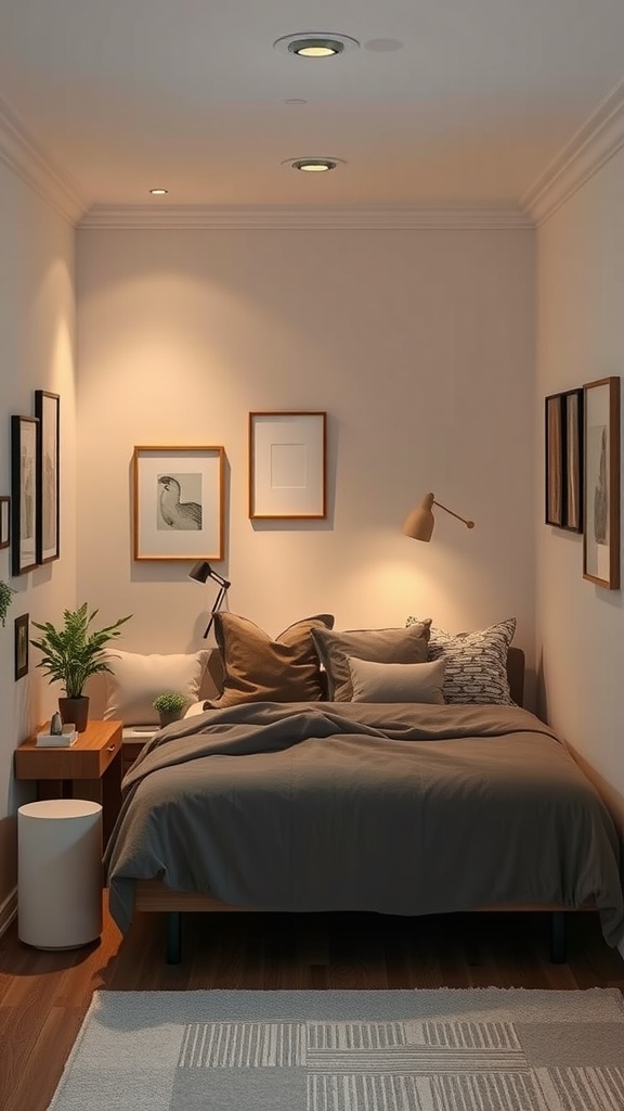 Cozy small bedroom with a neatly arranged bed, nightstand, and wall art.