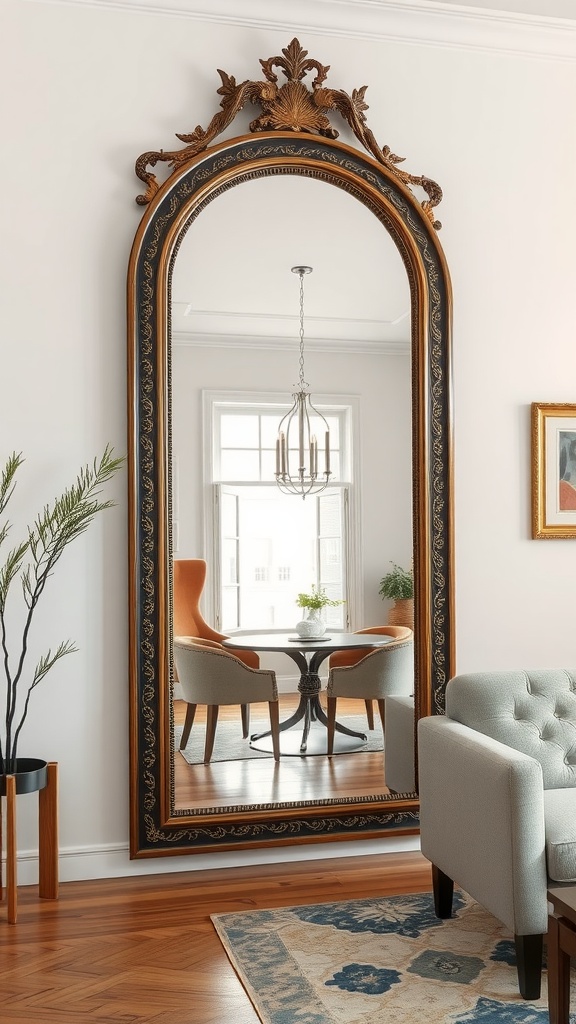 A large, ornate mirror reflecting a dining area with a round table and chairs, enhancing the space and light in the room.