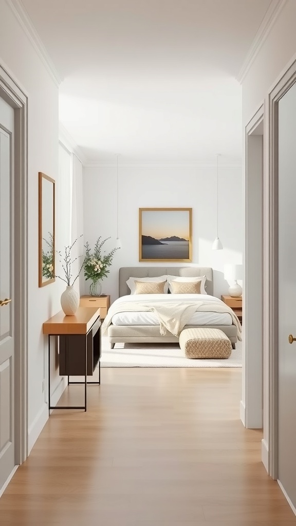 A bright and minimalist bedroom with a mirror on the wall, showcasing a cozy and stylish decor.