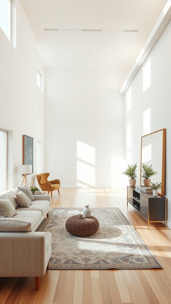 Bright long rectangle living room with natural light, a sofa, and a large mirror