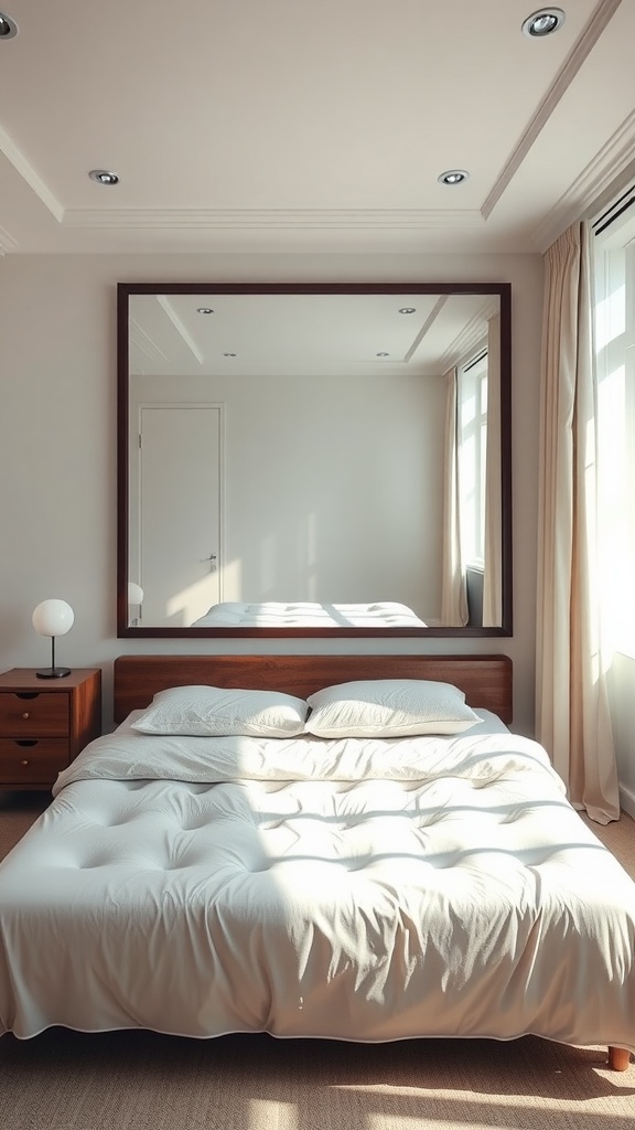 A cozy small bedroom featuring a king bed with a large mirror above it, reflecting sunlight.