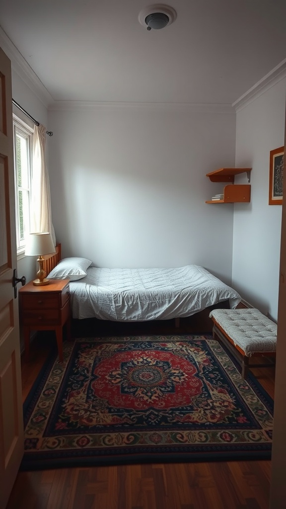 A small rectangular bedroom with a bed, nightstand, and a decorative rug