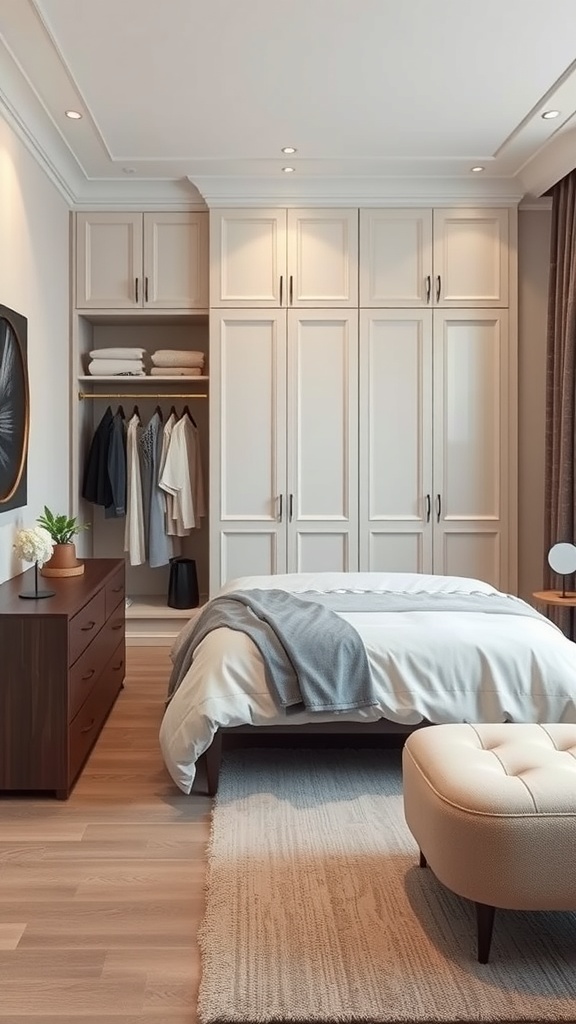 Small bedroom with a wardrobe, bed, and a cozy seating area.