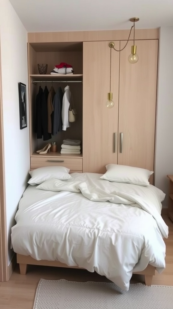 A small bedroom layout featuring a bed next to a wardrobe with soft lighting and minimalistic decor.