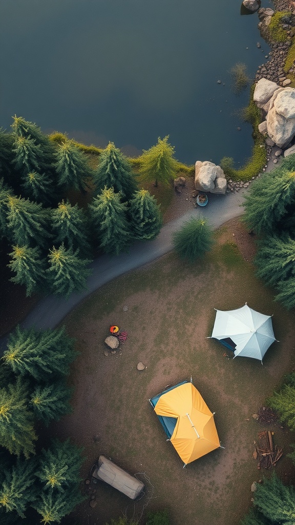 Aerial view of a camping setup with two tents near a water body, surrounded by trees.