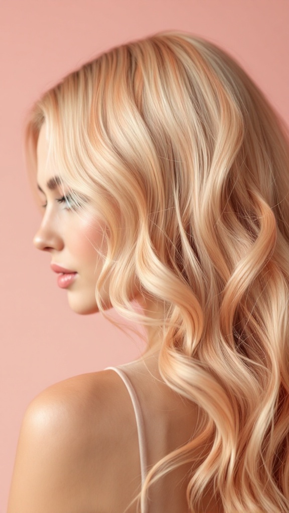 A side profile of a woman with long, wavy strawberry blonde hair against a pink background.