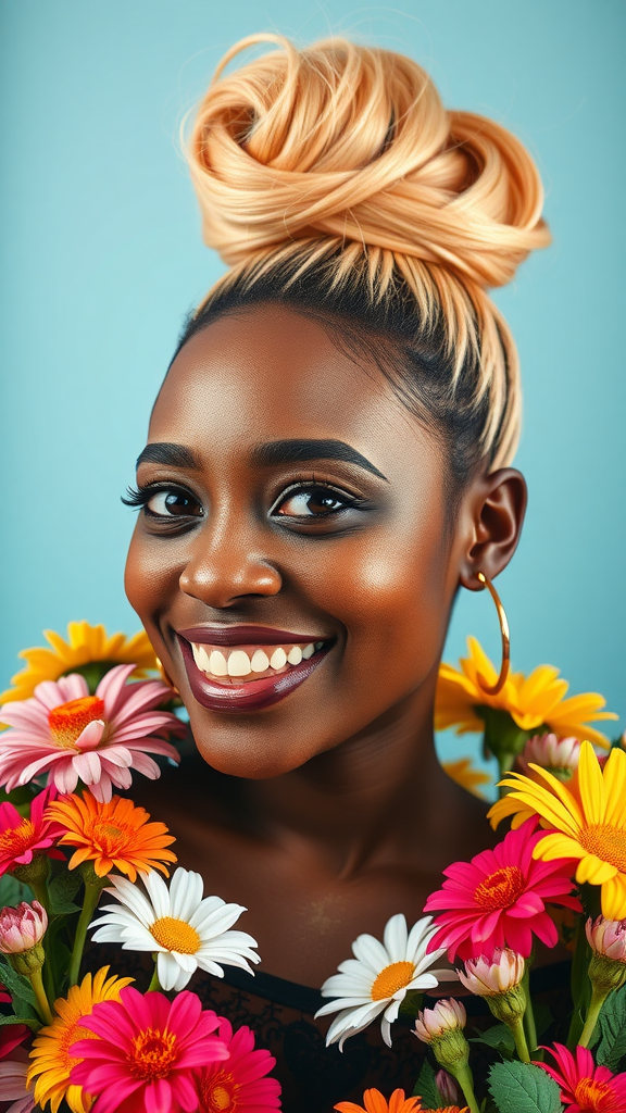 A woman with a strawberry blonde half-up hairstyle, smiling surrounded by colorful flowers.