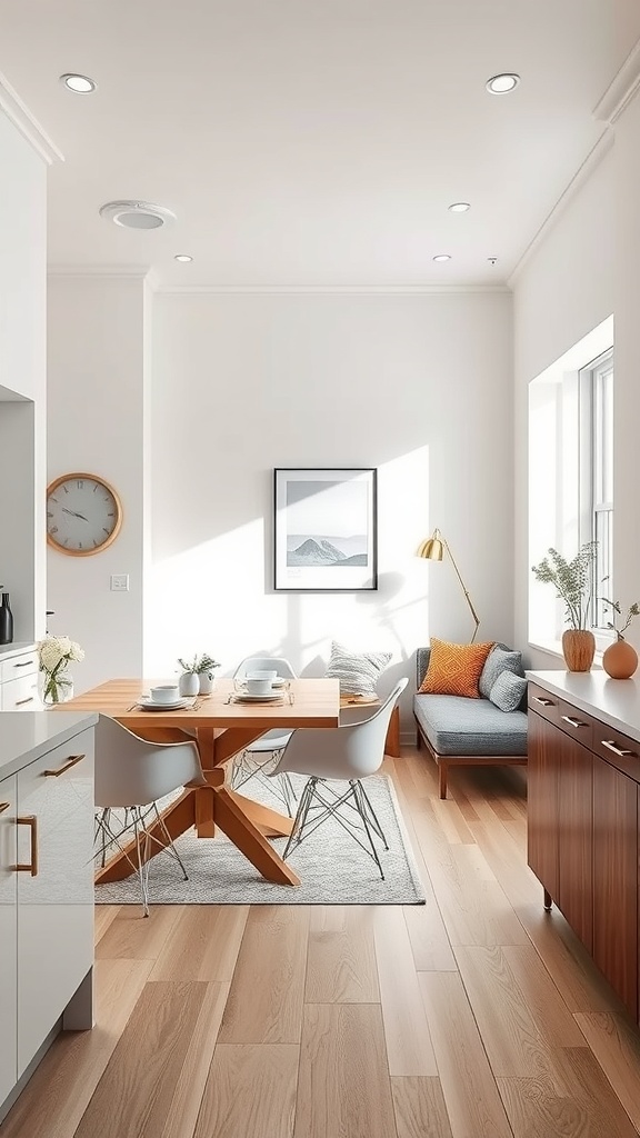 A minimalist kitchen with a wooden dining table, modern chairs, and a cozy seating area.