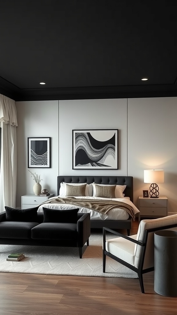 A modern living room with a black ceiling, white walls, and stylish black and white decor.